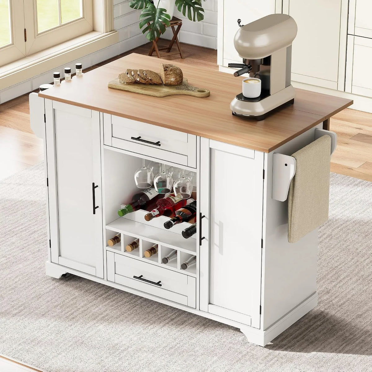 Îlots Central Cuisine Mobile — avec rangement, avec tiroirs, avec roulettes, 2 Tiroirs, 120 × 45, 70 × 92cm, blanc