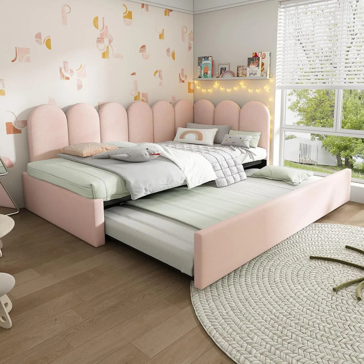 Canapé convertible et canapé-lit — en métal, 90 × 200cm, rose, revêtement en tissu