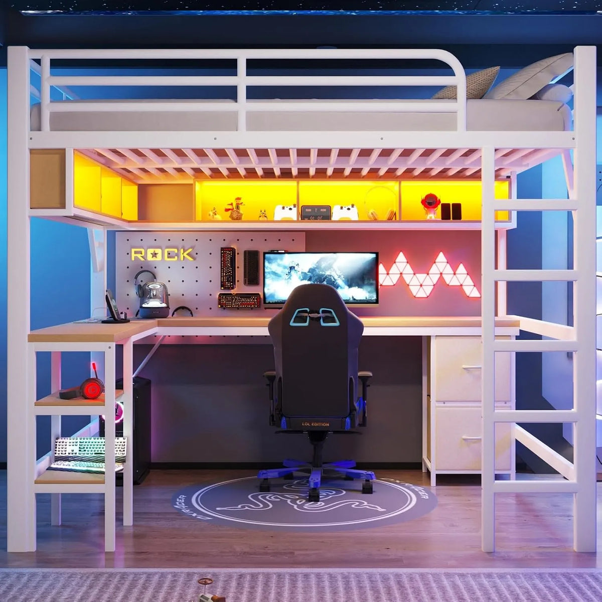 Lit superposé et lit mezzanine: en métal, avec tiroirs, avec étagères, avec escalier, 140 × 200cm, blanc, avec éclairage LED, avec port USB
