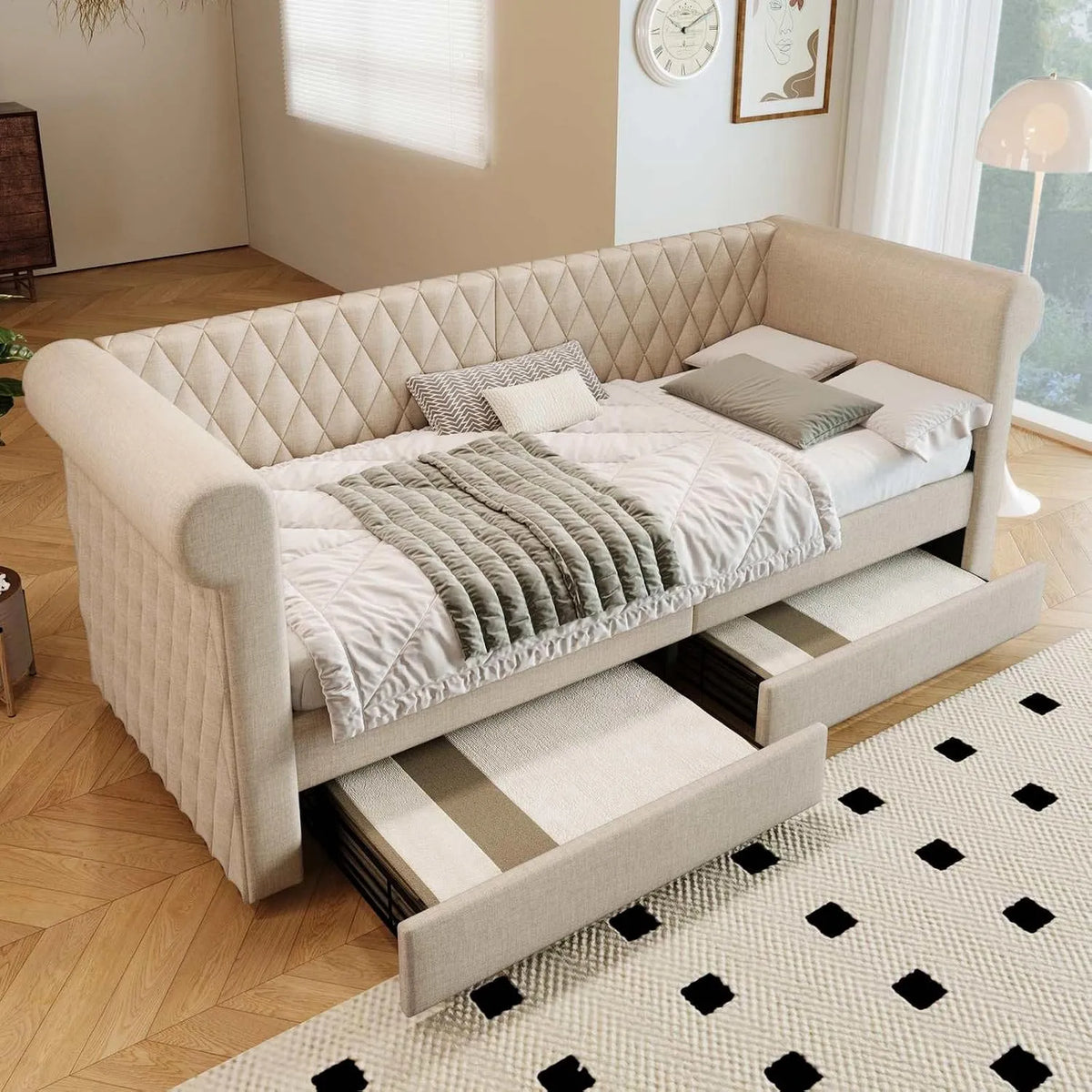 Canapé convertible et canapé-lit – en bois, avec rangement, avec tiroirs, 2 Tiroirs, 90 × 200cm, beige, revêtement en tissu