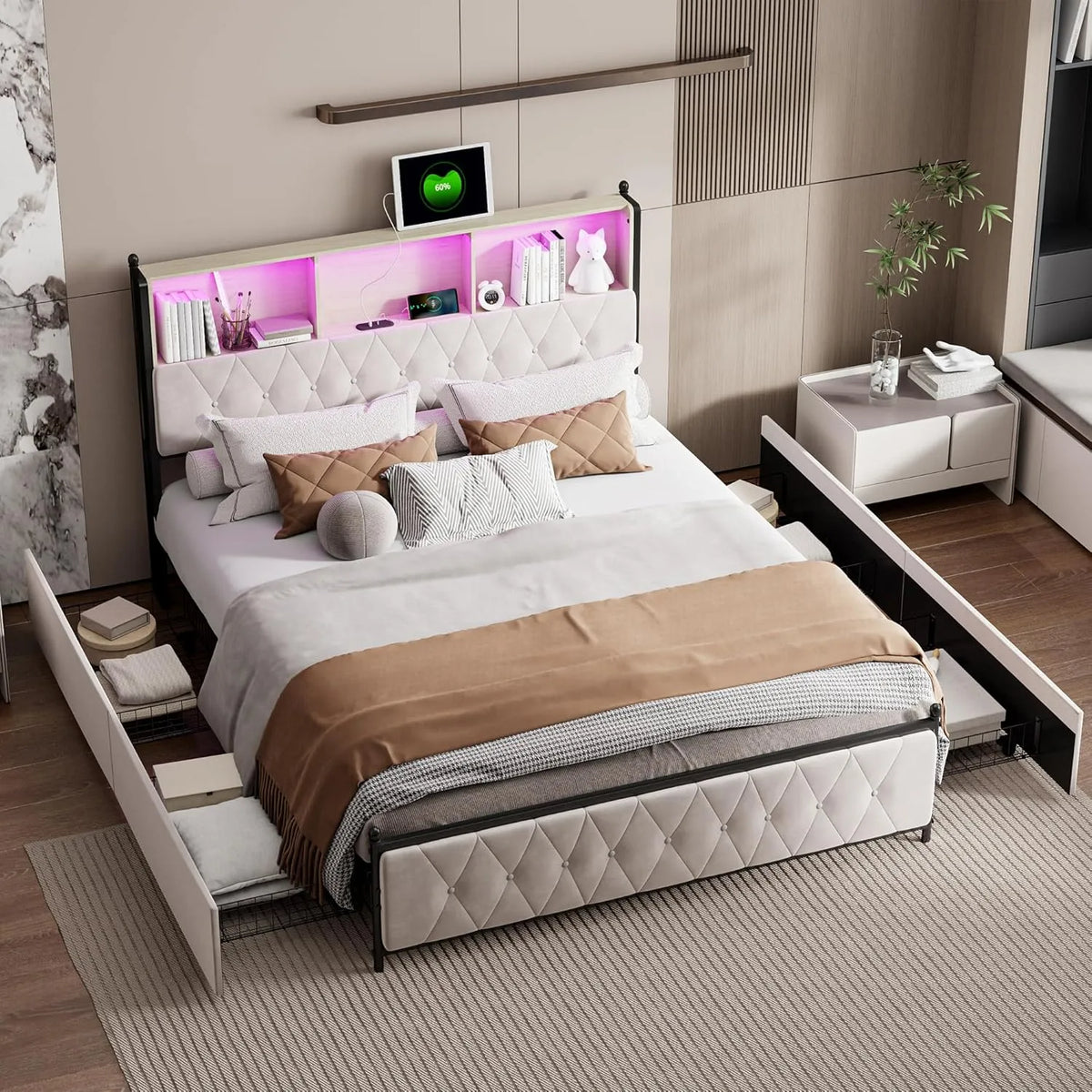Lit Coffre 140x200 avec 4 Tiroirs — avec rangement, avec tiroirs, avec port USB, affichage LED, 140 × 200, blanc, revêtement en velours