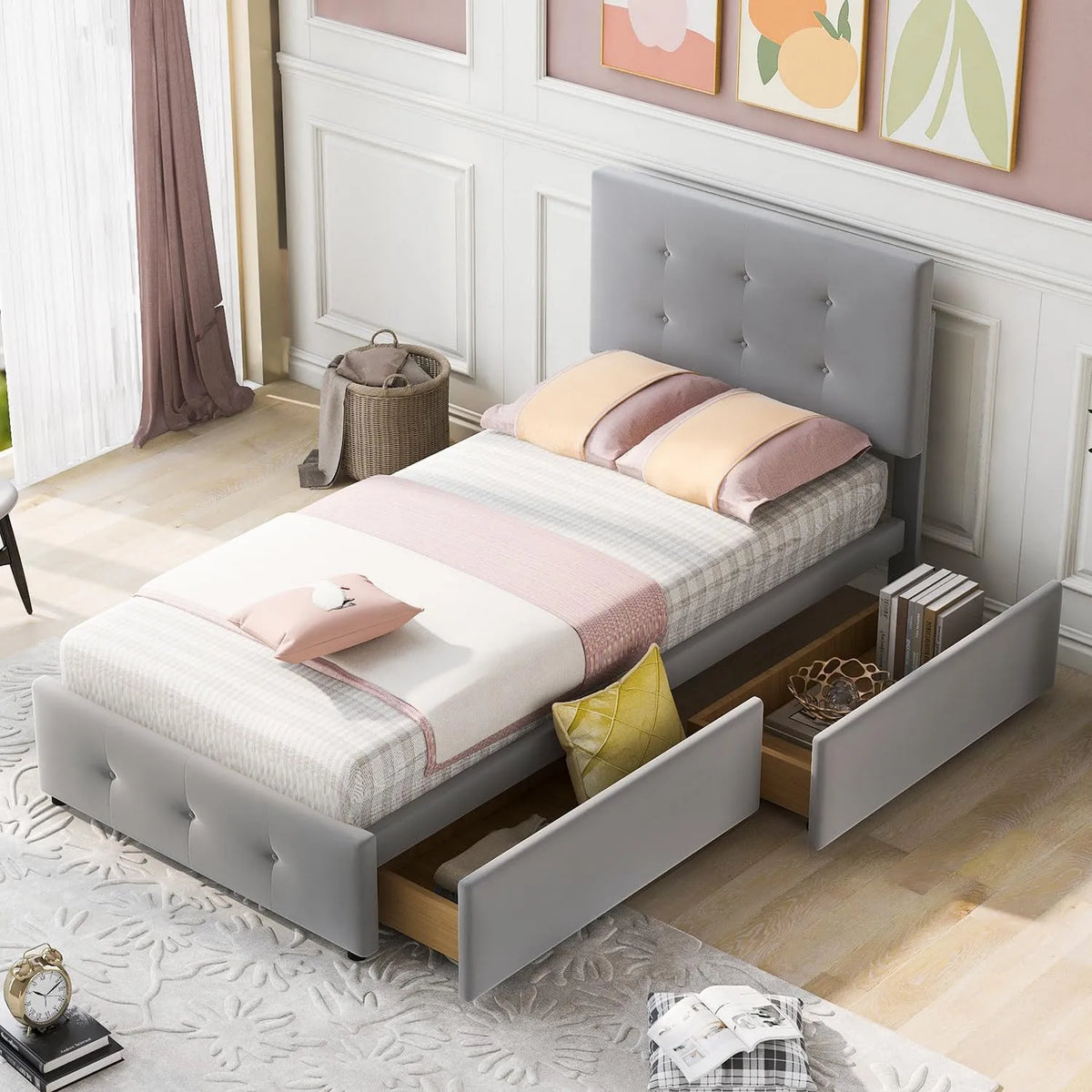 Lit rembourré et cadre de lit tapissé – pour enfant, revêtement en tissu, avec tiroirs, avec dossier, 90 × 200 cm, gris, revêtement en velours