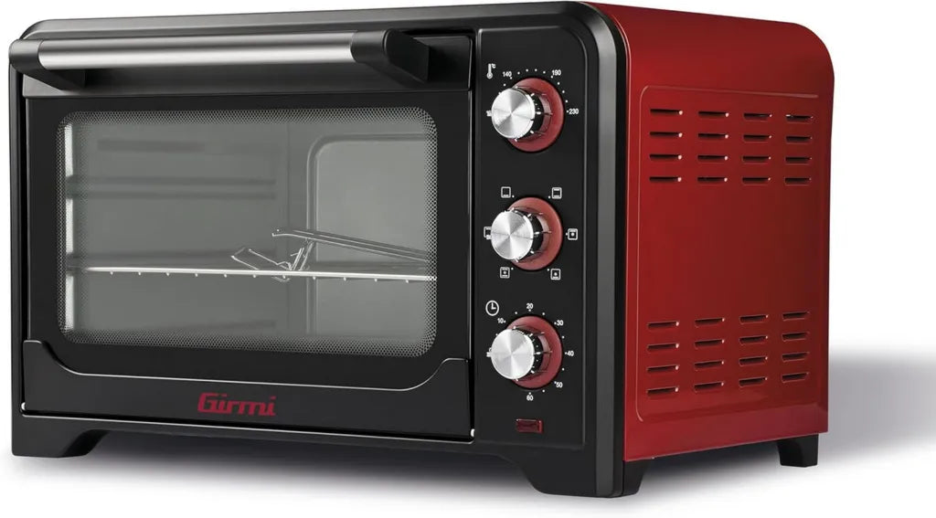 Four Électrique Girmi FE30, 1600 W, Ventilateur, Éclairage Intérieur, Grille Inox, Multiples Fonctions de Cuisson, Base et Grill Combinés, Accessoires Inclus, Noir/Rouge