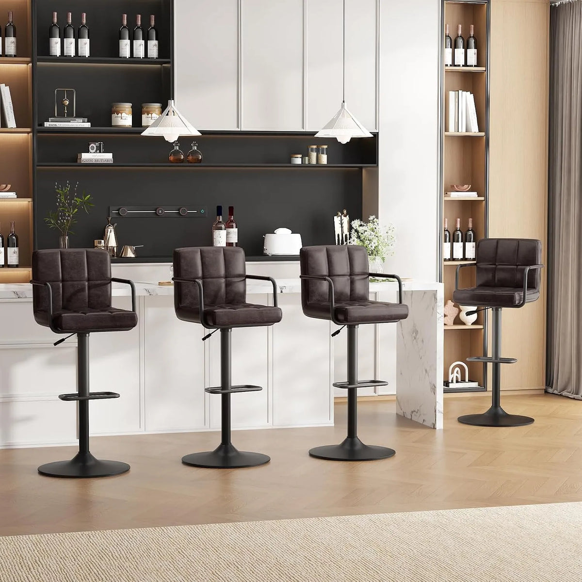 Chaise — en cuir PU, pivotant, avec accoudoirs, avec dossier, Lot de 4, noir, hauteur réglable
