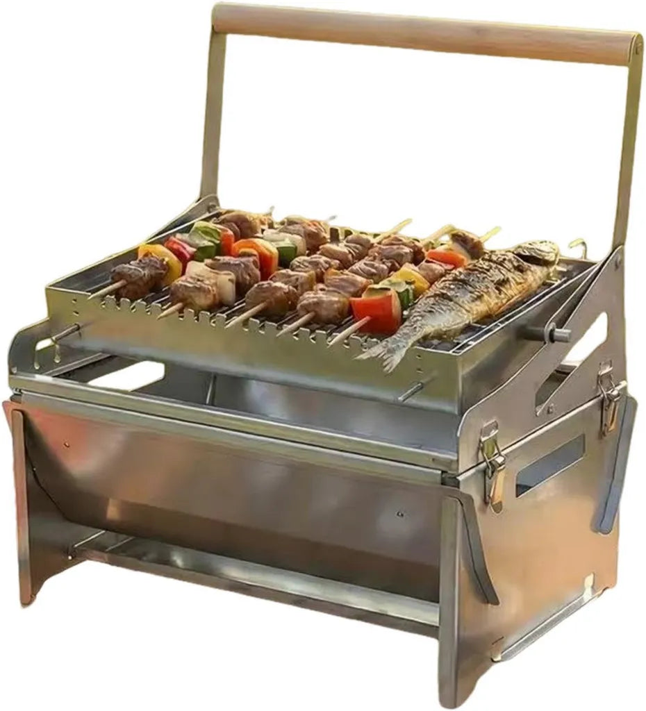 Gril Barbecue Rotatif en Acier Inoxydable pour Extérieur et Camping