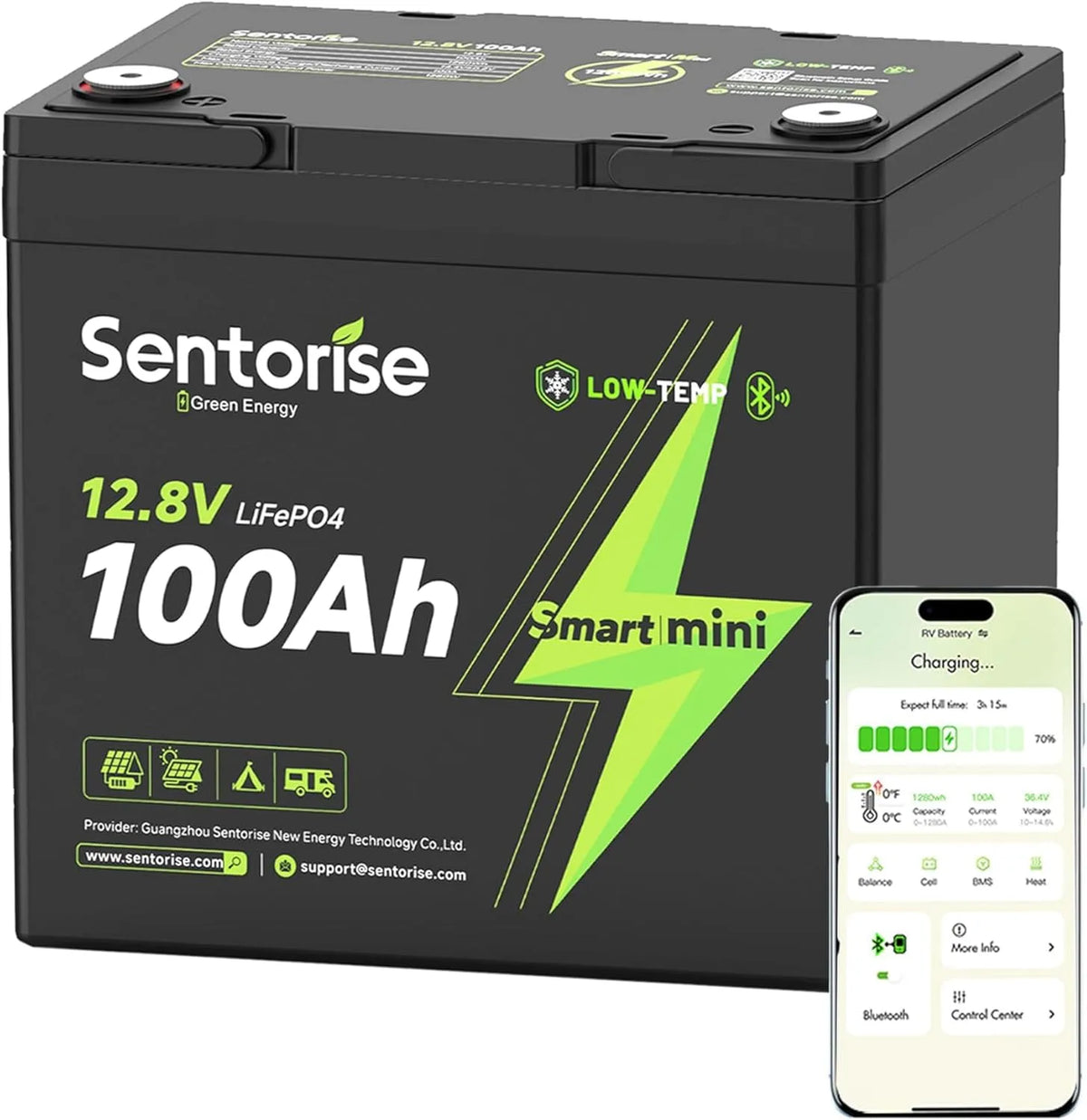 LiFePO4 Batterie lithium LiFePO4 et batterie solaire à décharge profonde, 100Ah, 12V, avec BMS, avec Bluetooth, pour camping et camping-car