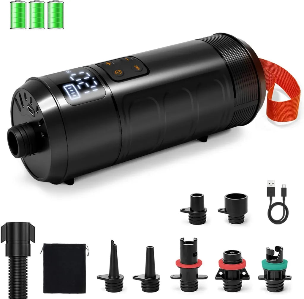 Pompe à Air Électrique Sans Fil Rechargeable 12 PSI avec Auto-Arrêt et 7 Embouts, Gonfleur Portable Haute Pression pour Kayak, Bateau, Tente et Jouets de Piscine