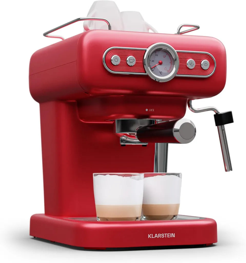 Machine à Expresso Rétro KLARSTEIN 1,2 L avec Mousseur à Lait et Porte-Filtre, 950W, Acier Inoxydable