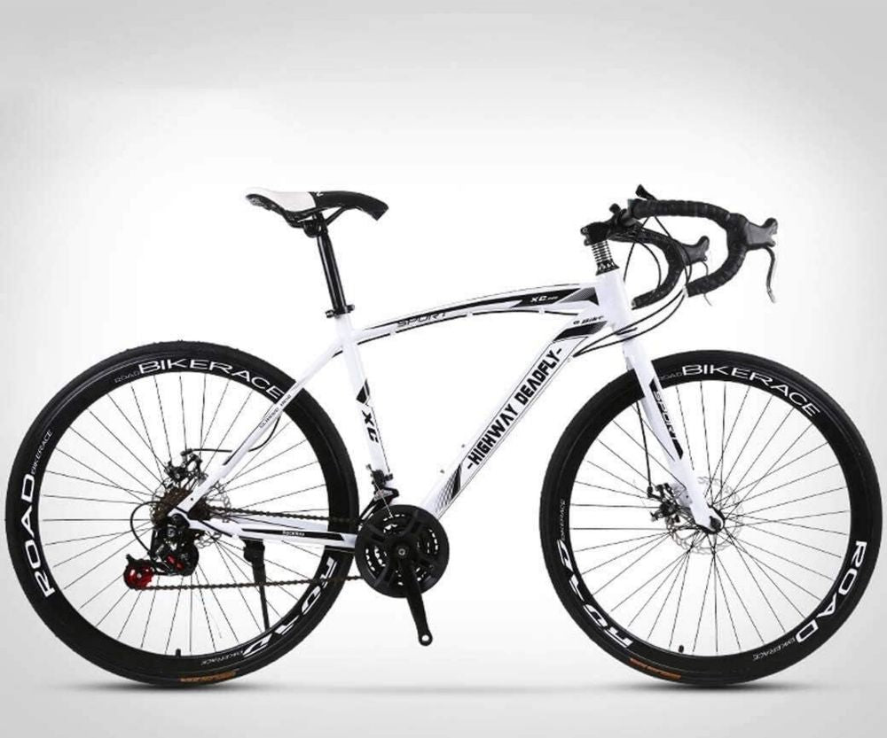 Vélo de Route 26 Pouces, 24 Vitesses, Freins à Disque Doubles, Cadre en Acier Carbone, Unisexe, Blanc