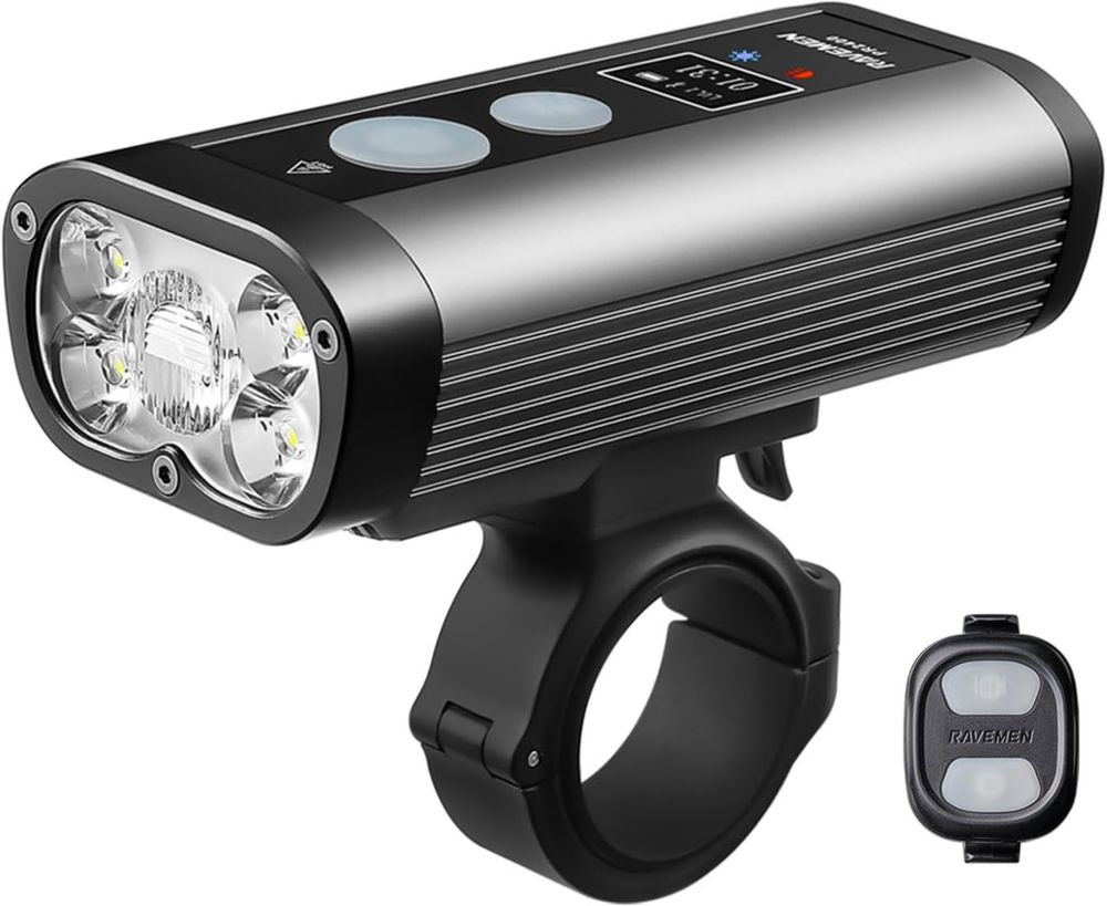 Lampe de Vélo RAVEMEN 2400 Lumens, PR 2400 avec Commande à Distance et Écran OLED, Étanche IPX8, Compatible Route et VTT