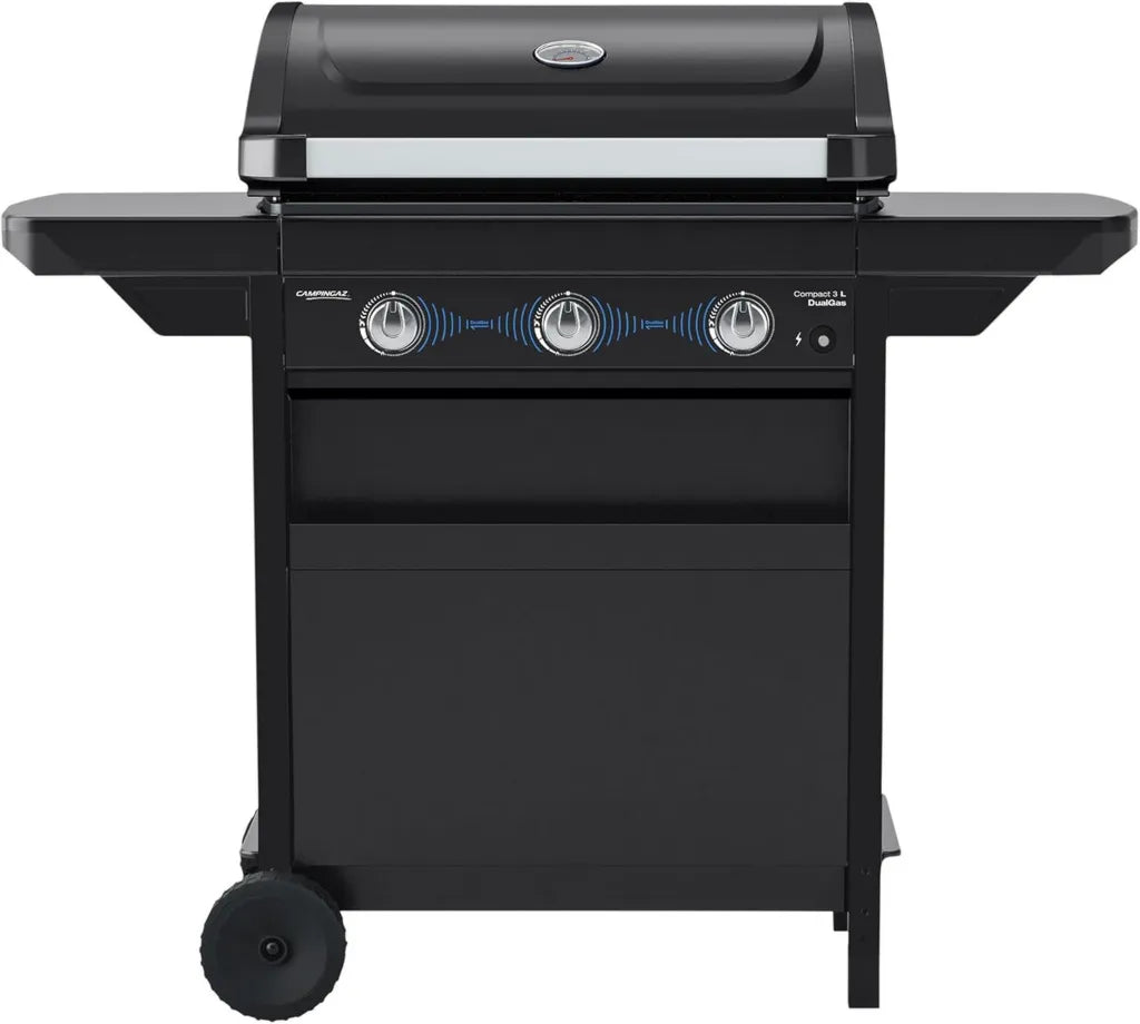 Barbecue à Gaz Campingaz 3L Compact avec 3 Brûleurs, 7,5 kW, Système Double Alimentation, Thermomètre et Récupérateur