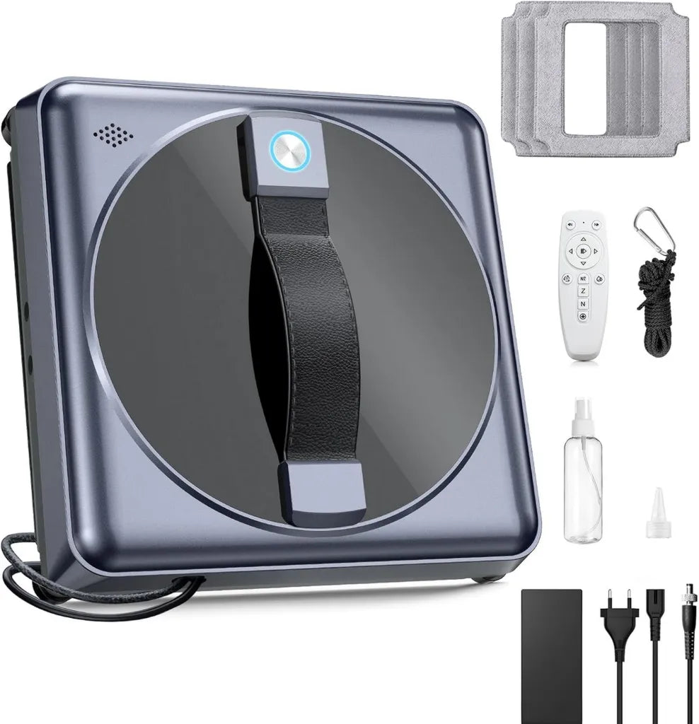 Robot nettoyeur de vitres avec 5000Pa et navigation intelligente, 3 modes, télécommande, 4 chiffons, pour surfaces lisses