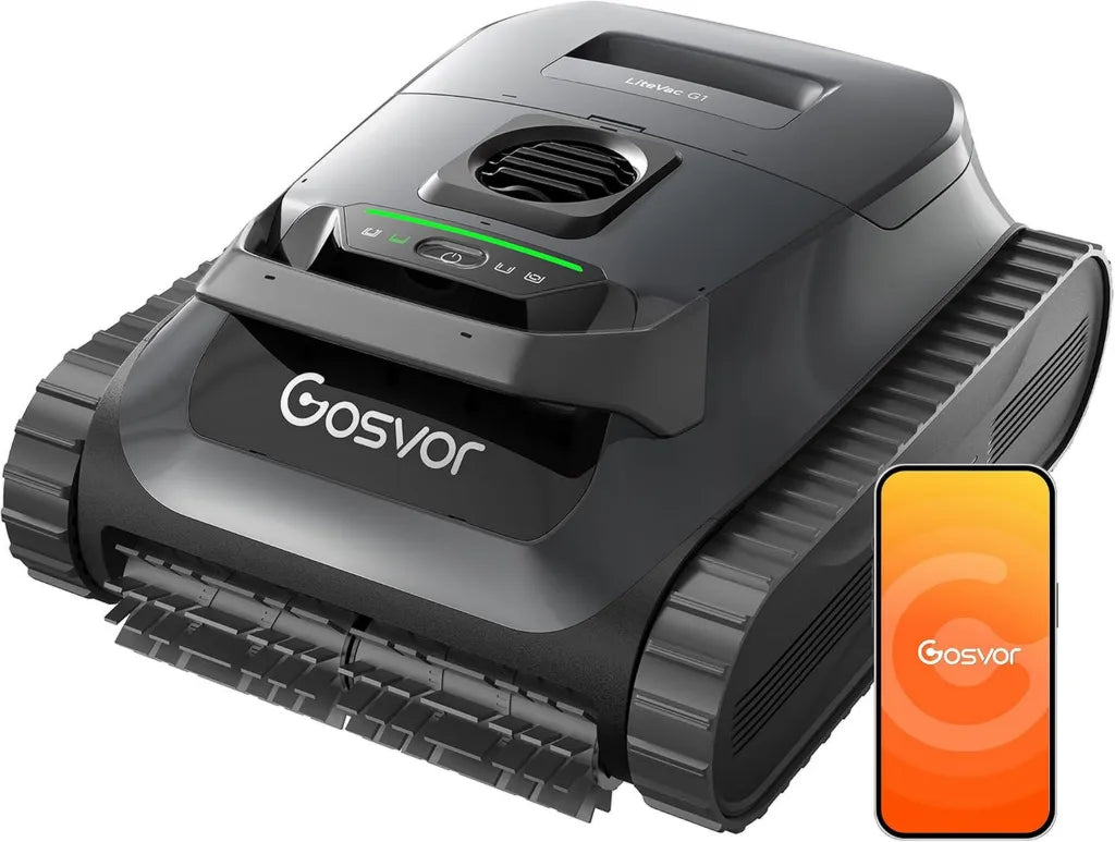 Robot de Nettoyage de Piscine Gosvor LiteVac G1, Ultra Léger 6,9 kg, Autonomie 200 Min, Double Filtration, Navigation Intelligente, Application Mobile, pour Piscines jusqu'à 200 m²