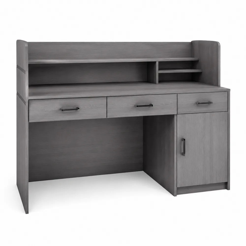 Bureau en bois composite gris avec trois tiroirs
