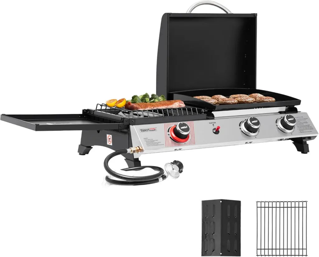 Plaque de Cuisson Portable à Gaz 3 Brûleurs avec Brûleur Latéral, BBQ et Plancha, 29000 BTU