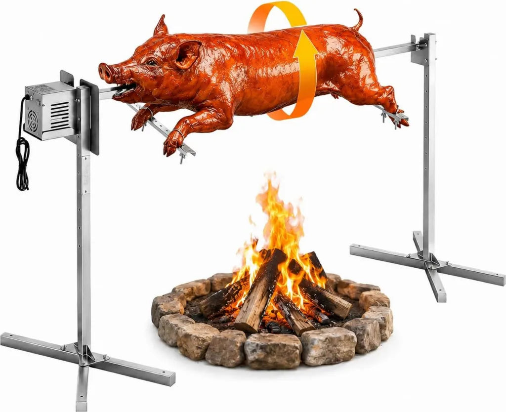 Tournebroche Électrique Inox pour Barbecue 134 cm, Rotation 360° à 2,5 tr/min, Support Ajustable 5 Niveaux, Capacité 40 kg, Idéal pour Camping et Jardinage