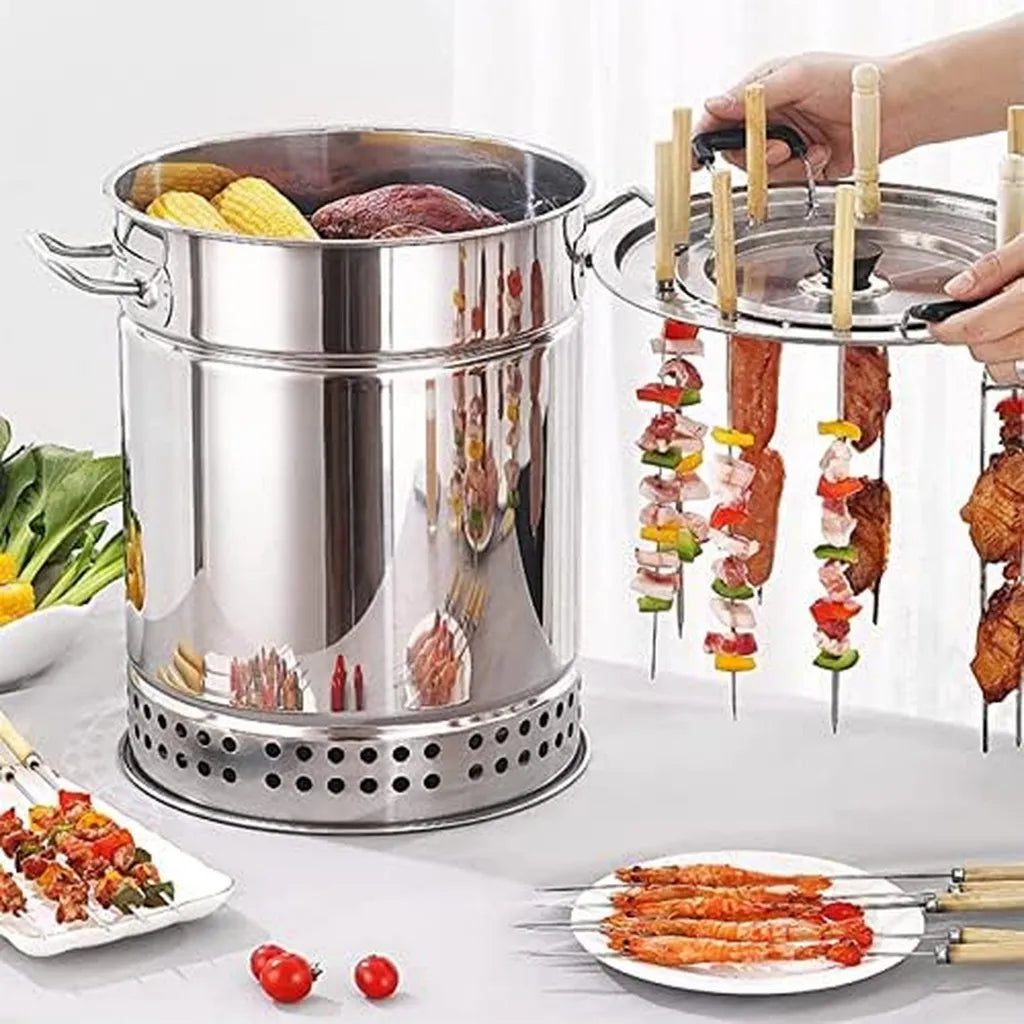 Fumoir Vertical à Charbon Barbecue en Acier Inoxydable avec Roulettes