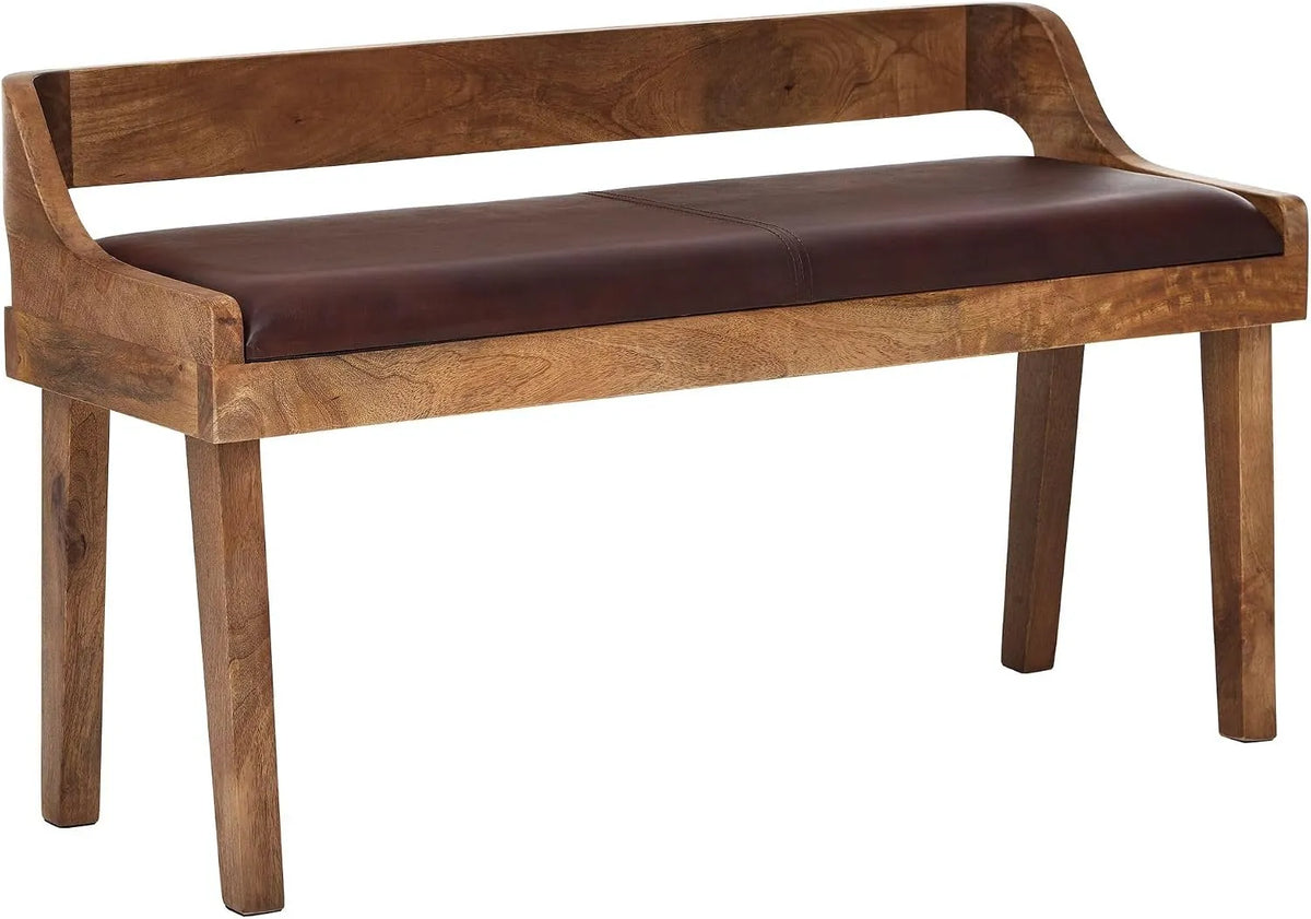 Banc et banquette d'intérieur — en cuir, en bois, avec dossier, 108 × 63 × 43 cm, marron, en bois massif