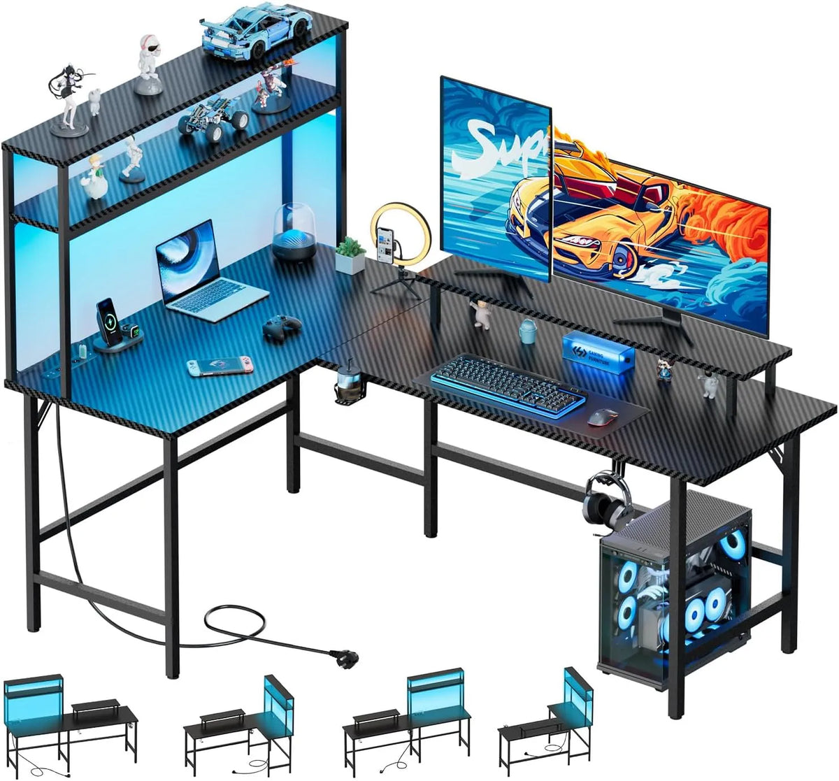 Bureau et table informatique — avec rangement, avec port USB, pour gaming, affichage LED, 170 × 100 cm, noir