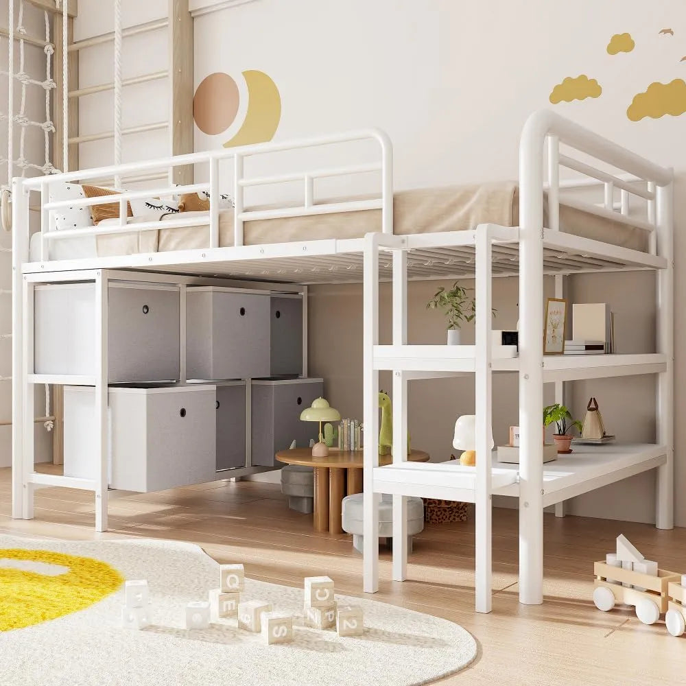 Lit Enfant 90x200 avec rangements — pour enfant, en métal, avec tiroirs, 90 × 200, blanc, avec étagères