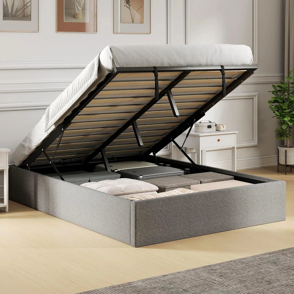 HOMCOM Lit Coffre 140 x 190 cm – revêtement en tissu, en bois, avec rangement, 140 × 190 cm, gris