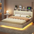 Merax Lit double rembourré: revêtement en tissu, sur pied, avec port USB, affichage LED, 160 × 200 cm, beige