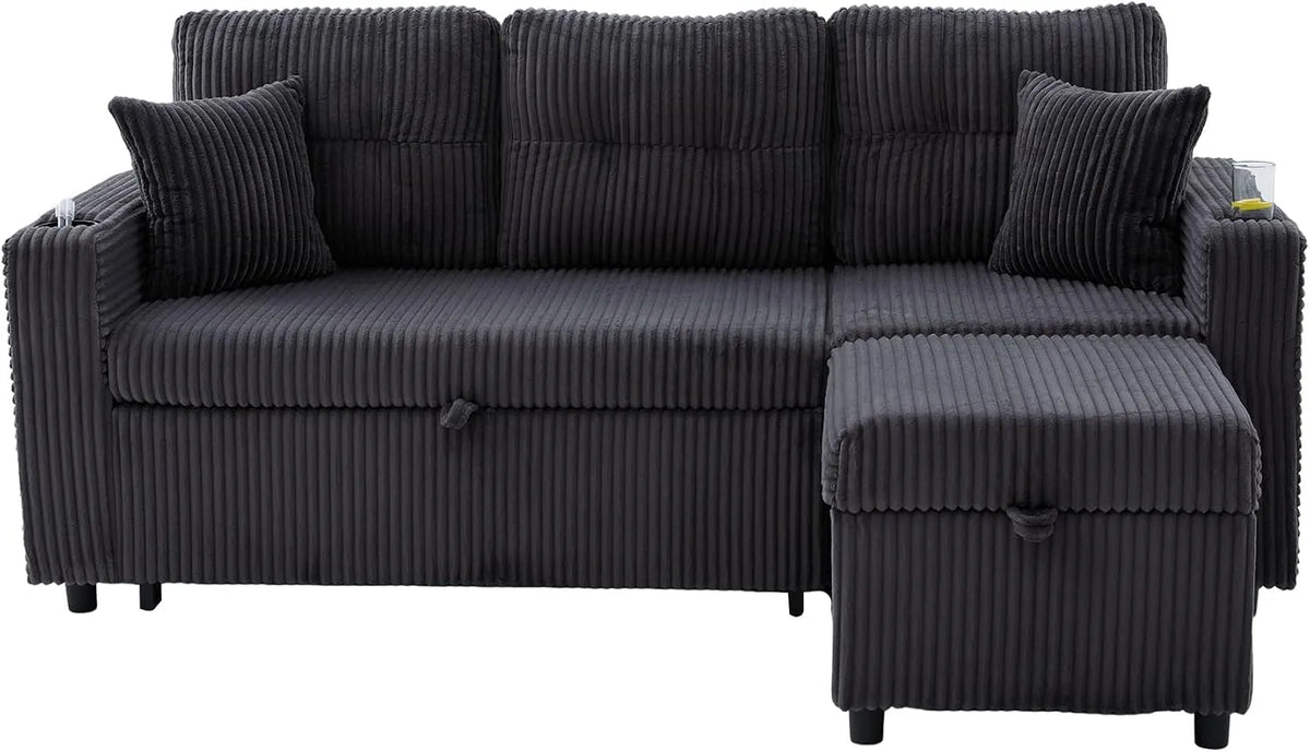 Canapé d'angle et canapé panoramique – USB-C, réversible, assise profonde, en velours côtelé, avec rangement, gris, avec étagères, avec éclairage LED