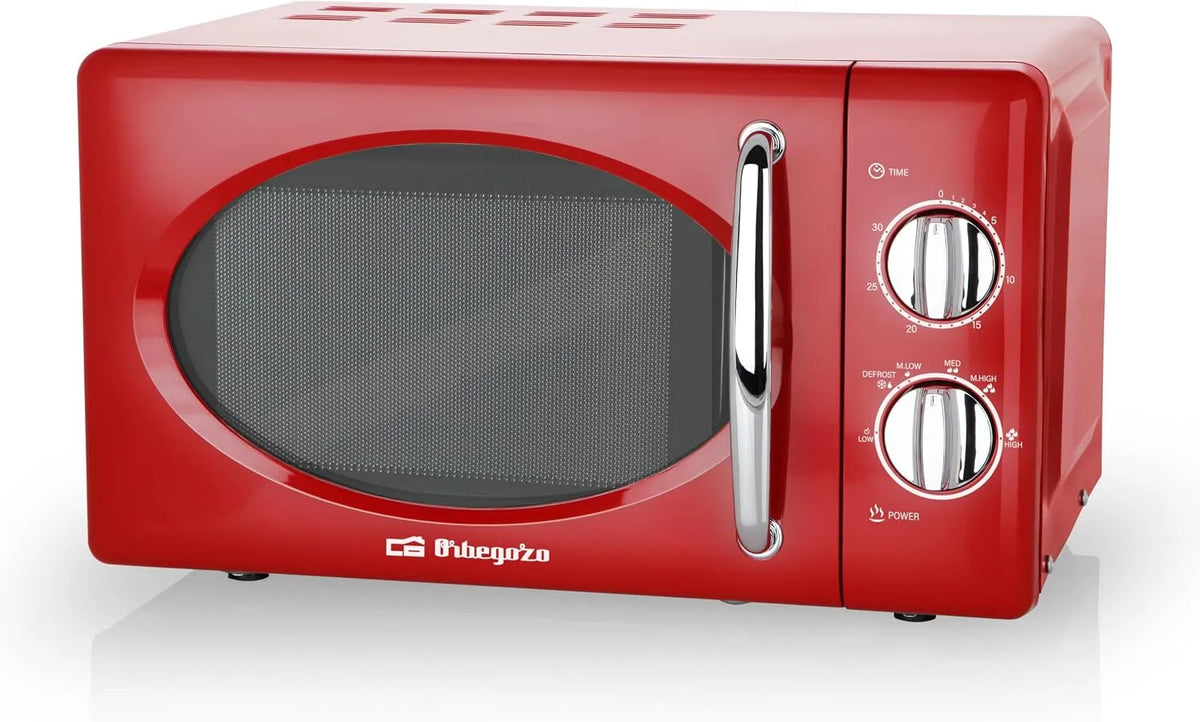 Micro-ondes, 20 L, 700 W, Orbegozo MI2020, minuteur, rouge, minuterie jusqu'à 30 min, 6 niveaux de fonctionnement, acier, modèle vintage