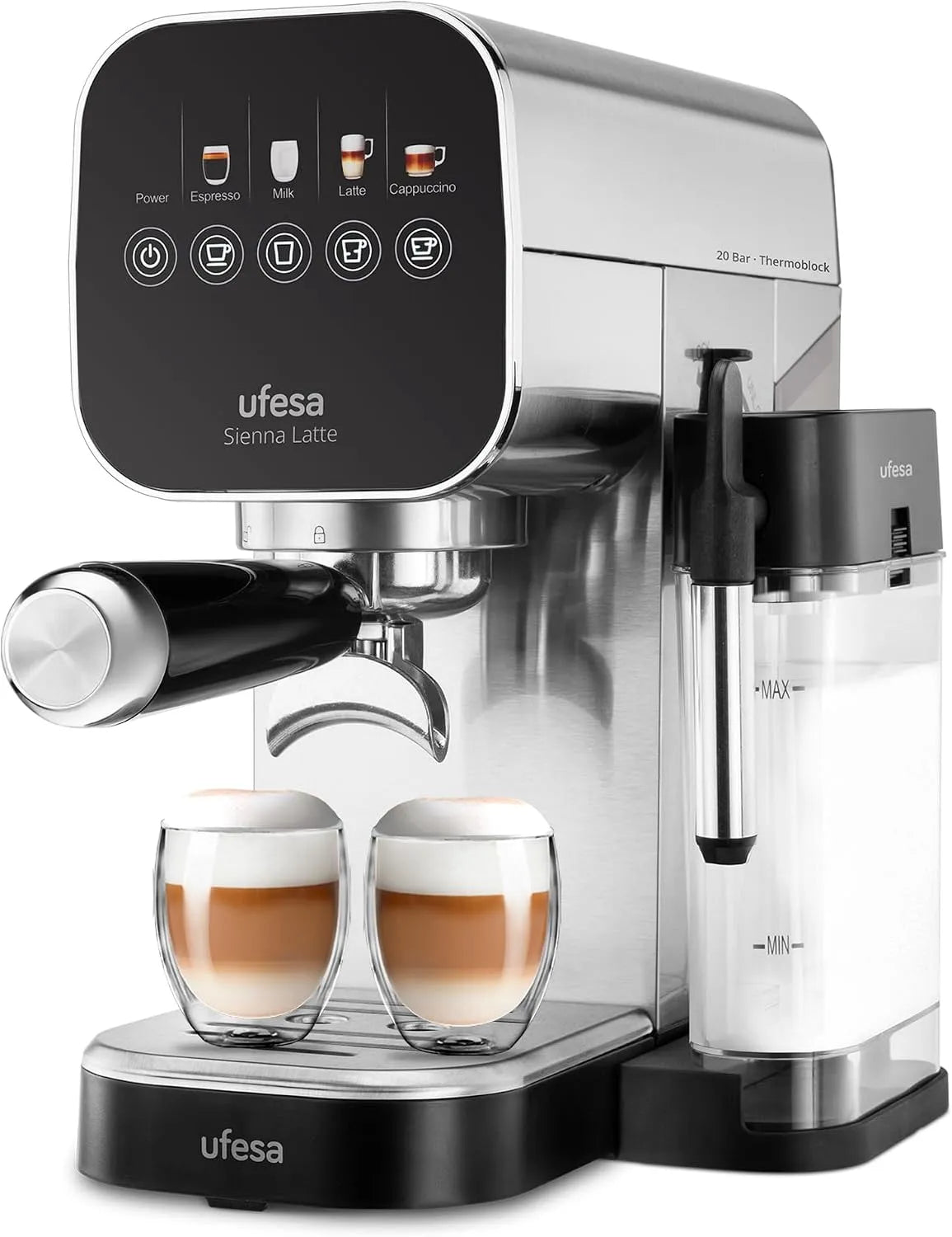 modèle 400ml, Ufesa Machine à Café Espresso Sienna Latte 20 Bars avec Écran Tactile, 1360W, Réservoir de Lait 400ml, Réservoir d'Eau 0, 9L