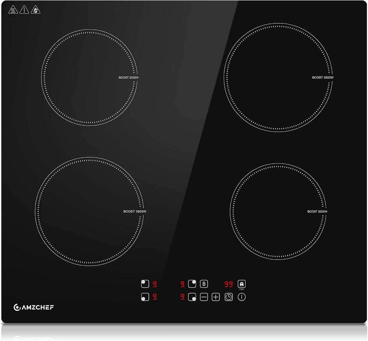 Plaque à induction, 60CM, 4 foyers, 7400 W, table de cuisson à induction, AMZCHEF, Boost, tactile, verrouillage, encastrable, minuteur, pose libre