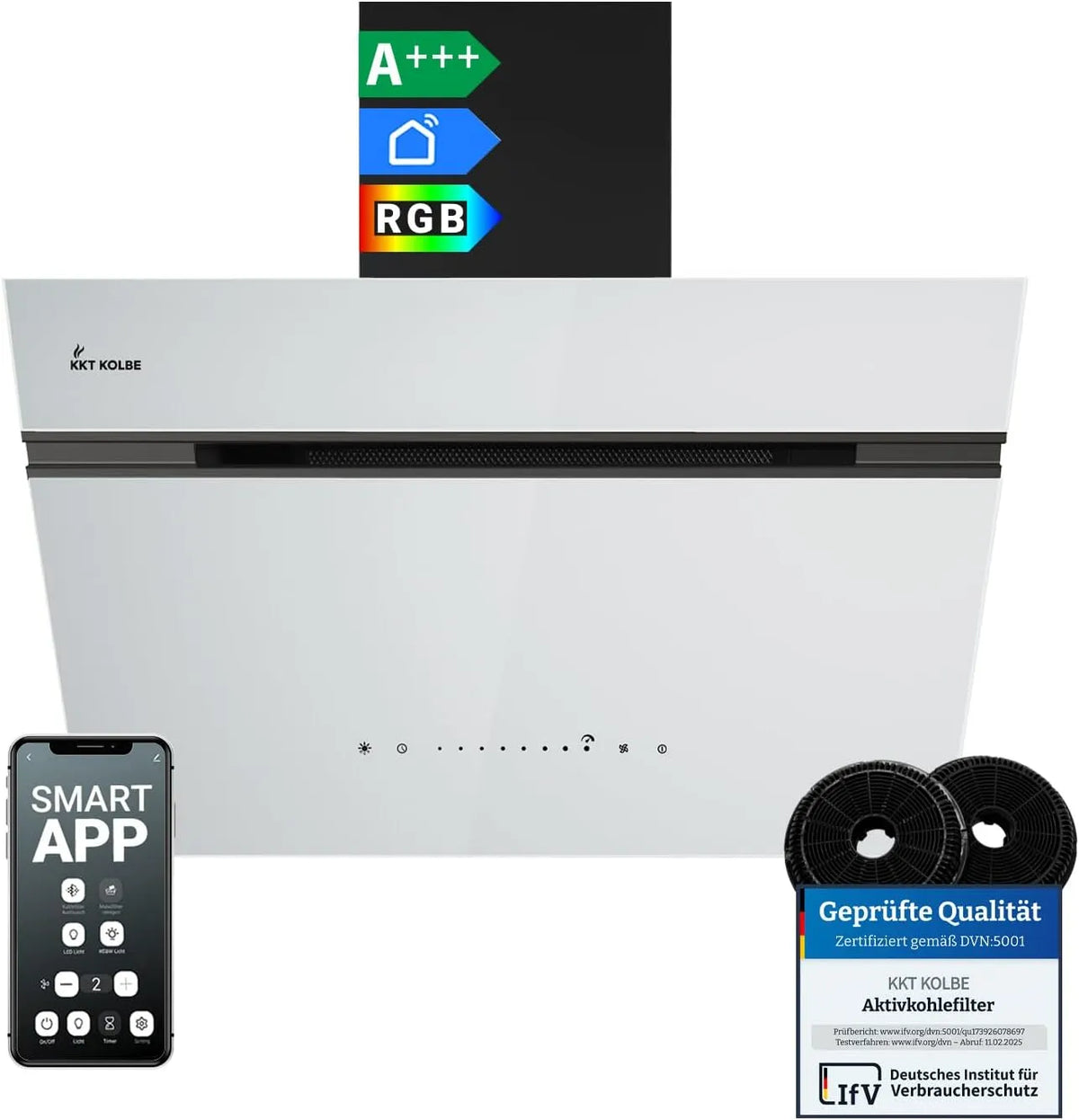 Hotte aspirante, 60 cm, 782 m3/h, hotte de cuisine, KKT AURORA6005SW, éclairage LED, installation murale, tactile, Wi-Fi, application, noir