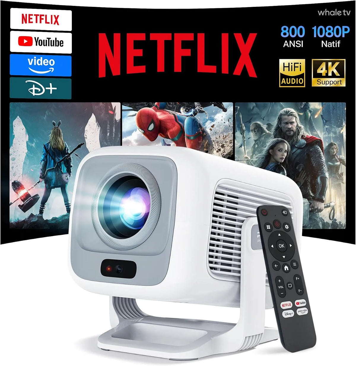 Vidéoprojecteur 1080P, Wi-Fi, Bluetooth, Android OS, 4K UHD, Full HD, projecteur vidéo, Smart Vidéoprojecteur Compatible 4K, Android 13 FHD 1080P
