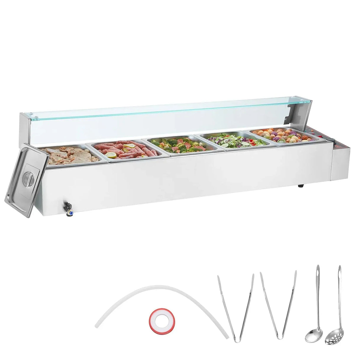 VEVOR Écran en Verre, Buffet Chauffant en INOX, Chauffe-Plat Buffet à 5 Bacs de 7,6 L, Bain-Marie Électrique 1700 W, Température Réglable 30-85 °C