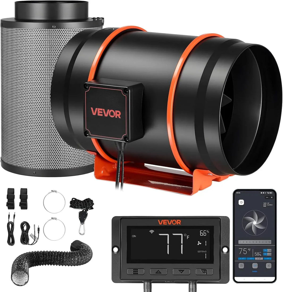VEVOR Ventilateur, 1372 m³/h, minuteur, Extracteur d'air en Ligne 203 mm pour Tente de Culture, Contrôle App, 10 Vitesses, Moteur EC, Contrôleur PWM