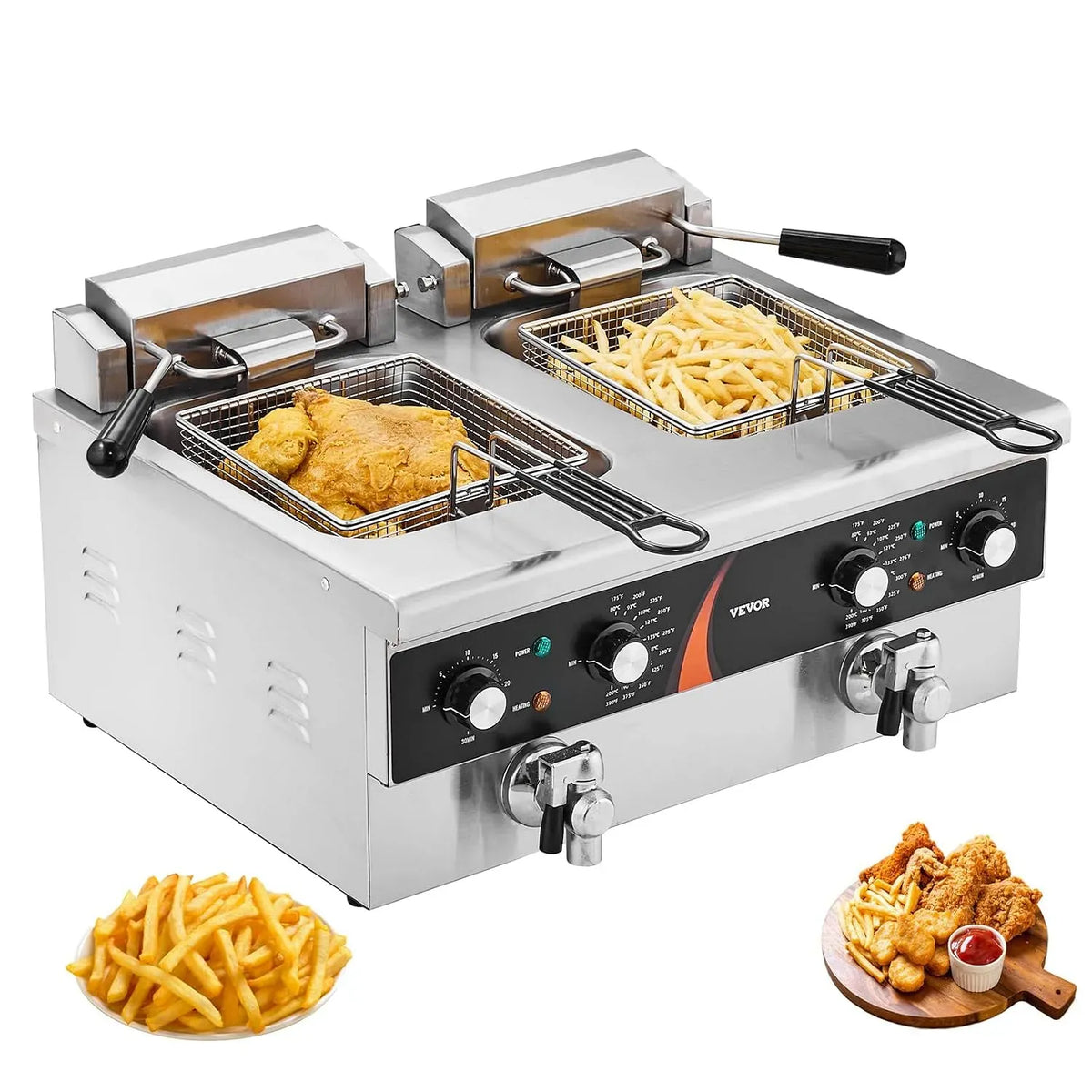 VEVOR Friteuse Électrique Commerciale, Température et Temps Réglable, pour Poulet Frit Snack-Bar Restaurant, Friteuse à Huile de Comptoir 3000 W, 2