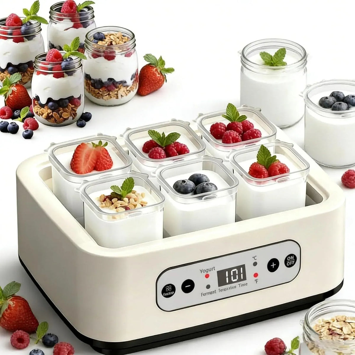 Radiateur électrique, tactile, acier inoxydable, YaourtièRe Multifonction 1500 Ml, 6 Pots 250 Ml, Appareil Fermentation Avec Couvercle Transparent