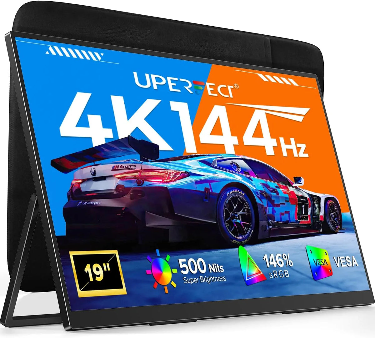 Smart TV DCI-P3 500Nits, 19 pouces, 3840 × 2160, 144 Hz, téléviseur, 4K UHD, QLED, HDR, portable, Écran de Voyage pour Laptop, avec Béquille Intégrée